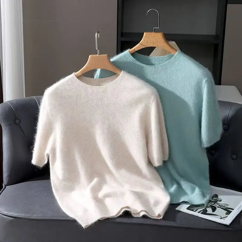 100% Mink Cashmere Knit Sweater Men's T-Shirt Spring Summer Loose O-Neck Solid Color Casual Business Base Pullover Short Sleeve