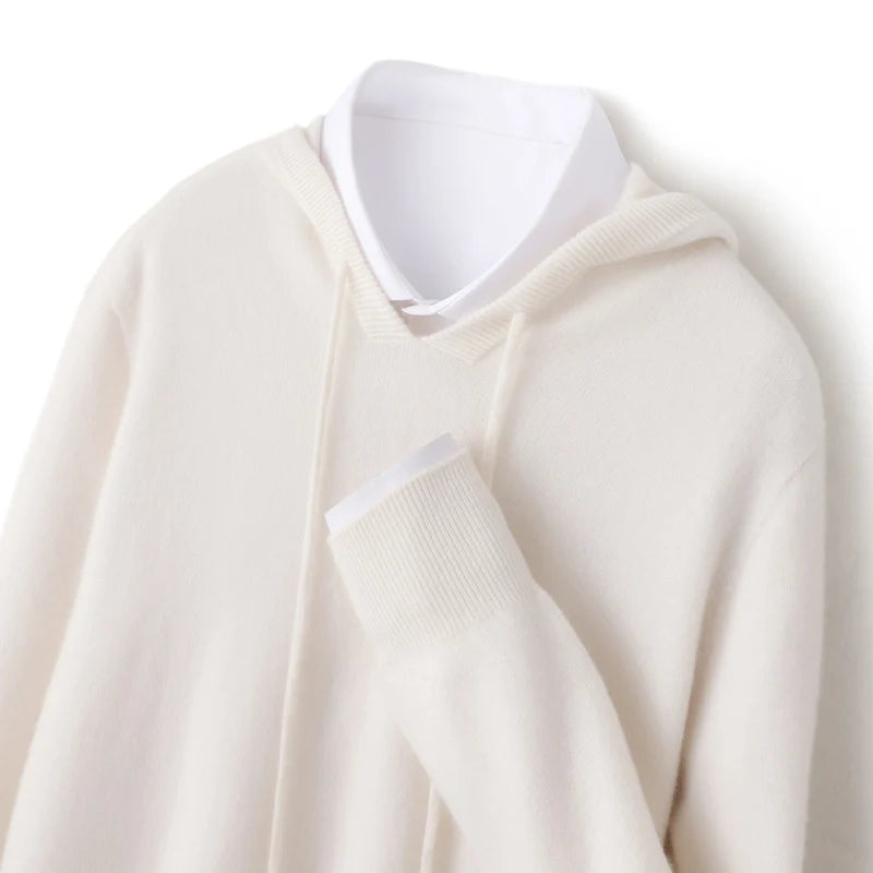 Fall/Winter 100% Pure Wool Men's Hooded Loose Thick Sweater Fashion Long Sleeve Casual Knit Top