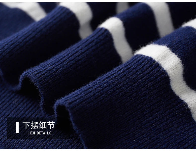 Men's New 100% Pure Wool Sweater O-neck Navy Style Striped Top Spring and Autumn Loose Youth Business Casual Cashmere Sweater