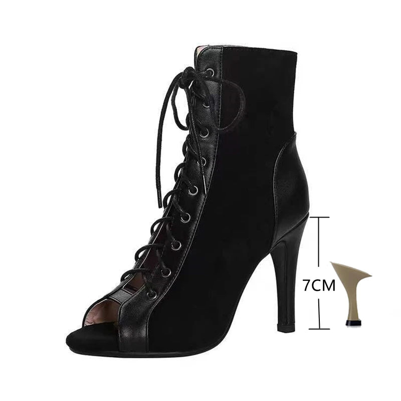 Lace-Up Sandals Heels 9CM Women's Shoes Summer 2024 Trend Black Sexy Peep Toe Boots Fashion Cloth Stilettos Jazz Dance Female