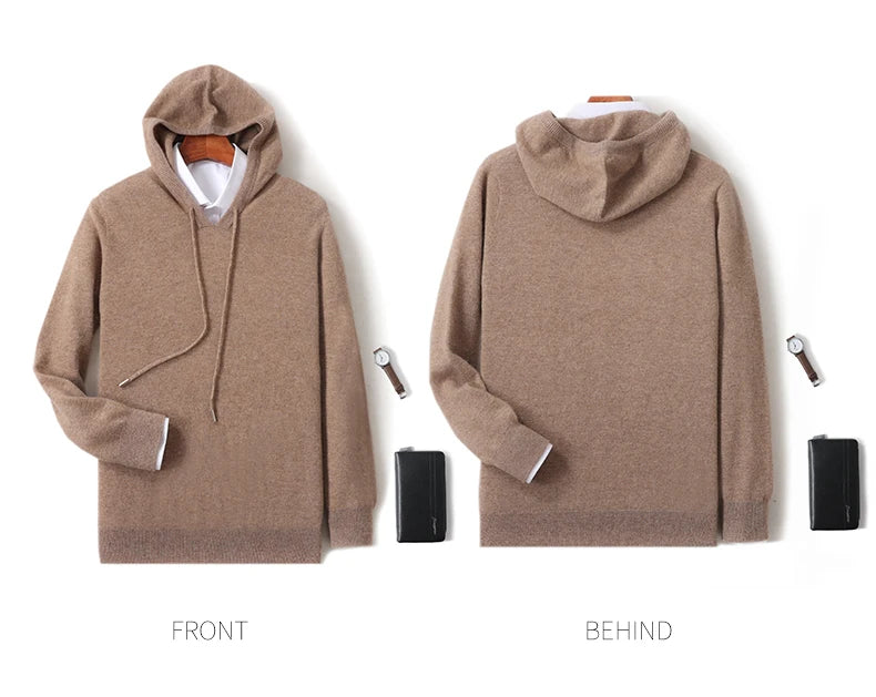 Fall/Winter 100% Pure Wool Men's Hooded Loose Thick Sweater Fashion Long Sleeve Casual Knit Top