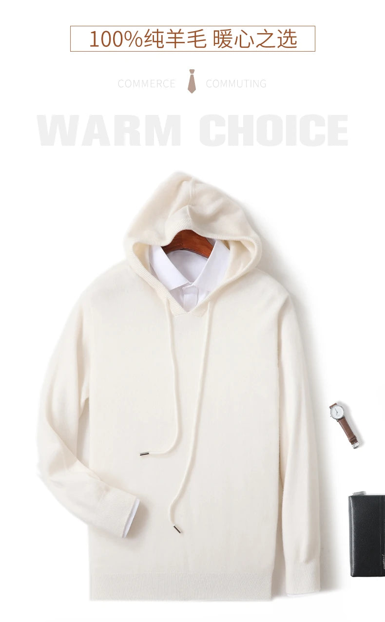 Fall/Winter 100% Pure Wool Men's Hooded Loose Thick Sweater Fashion Long Sleeve Casual Knit Top