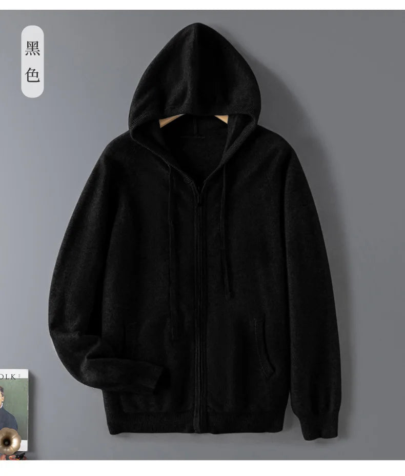 DjzDsm Autumn and Winter100% Merino Wool Men's Knitted Top Zipper Hoodie Zipper Cardigan Knitted Coat Sweater Hoodie