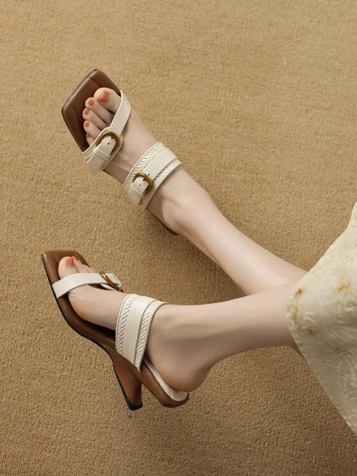 Vintage Braided Belt Buckle Open Toe Wedges Women's Summer New Square-toed High-heeled Slippers