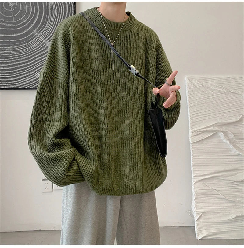 2025 Autumn Crew Neck Solid Color Pullover Sweaters For Men Casual Y2K Knitted Sweater High Street Fashion Jumpers Hombre