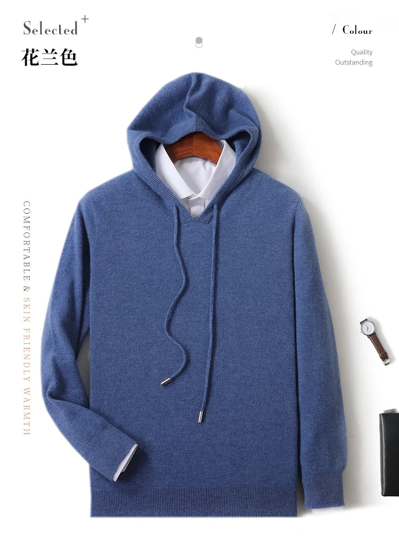 Fall/Winter 100% Pure Wool Men's Hooded Loose Thick Sweater Fashion Long Sleeve Casual Knit Top