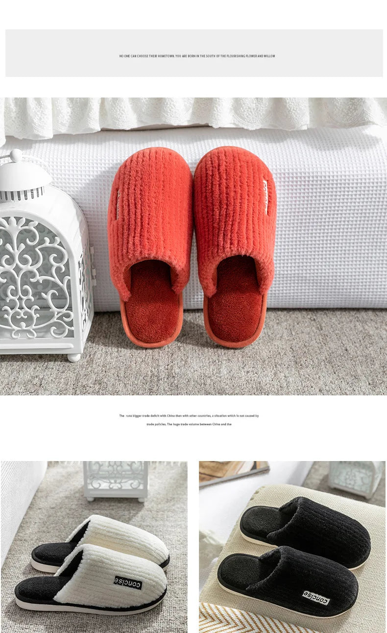 Indoor Slippers Women Men Autumn Winter Thick Sole House Warm Fur Shoes Couples Home Non-Slip Large Size Men'S Cotton Slippers