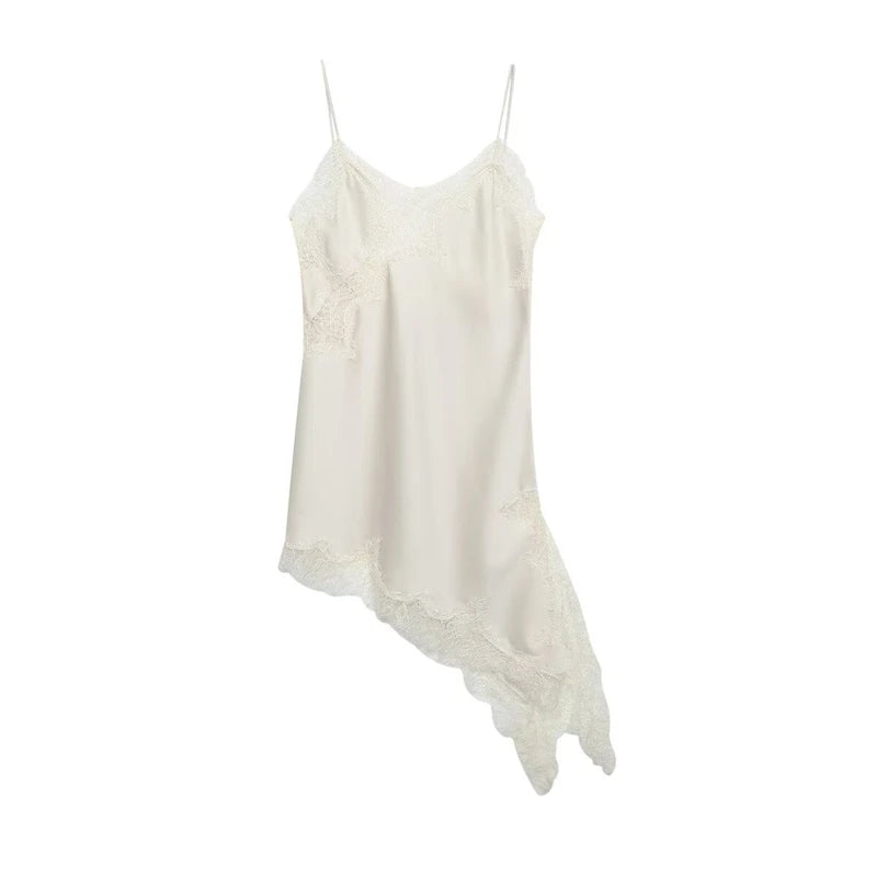 Combhasaki Women Floral Lace Trim Satin High Low Vest Silk Spaghetti Strap Side Split Asymmetrical Cami Flowy Silky Layering Top