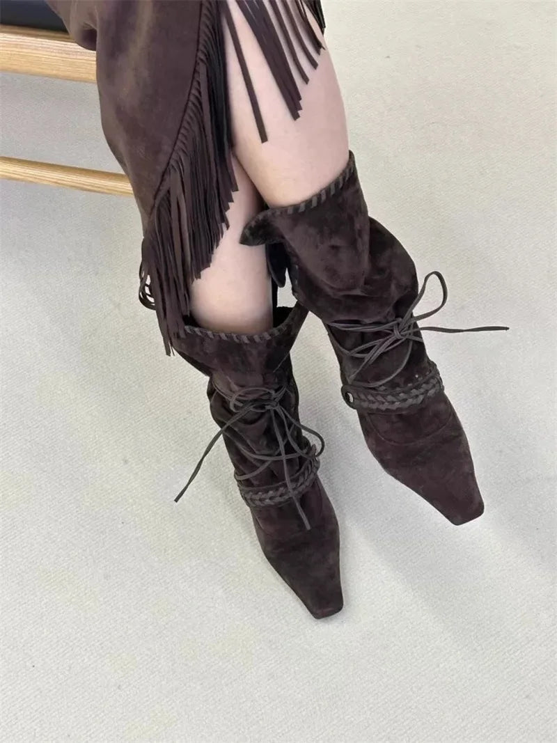 Liyke Autumn Winter Brown Suede Weave Lace-up Women Fold Pleated Ankle Boots Fashion Thin Low Heels Chelsea Western Ladies Shoes