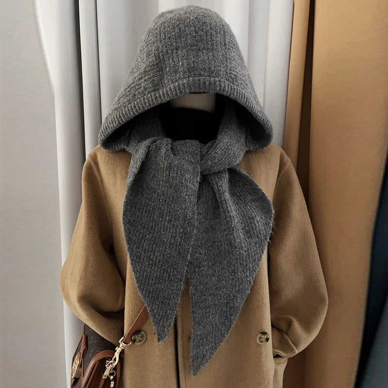 Winter Y2K Wool Knitted Balaclava Hat Fashion Fake Collar Shawl Hooded Hat Outdoor Pullover One-piece Neck Collar Warm Beanies