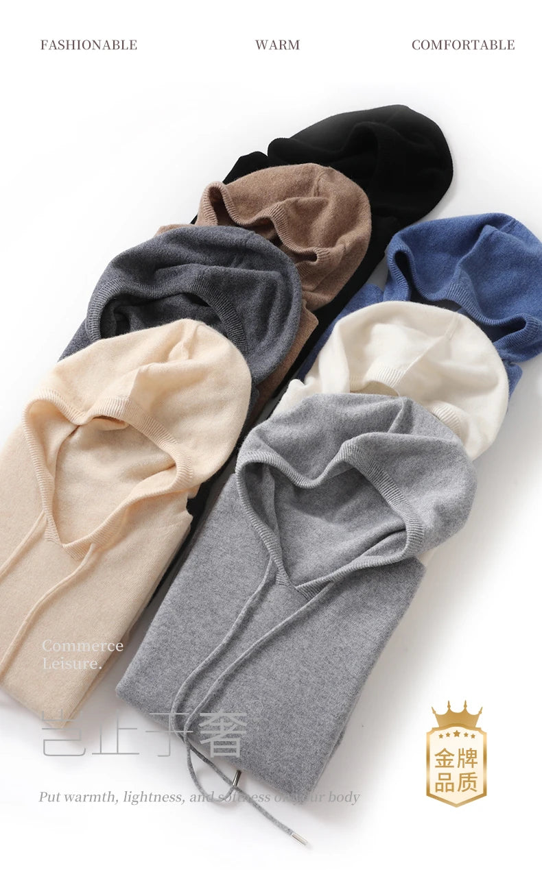 Fall/Winter 100% Pure Wool Men's Hooded Loose Thick Sweater Fashion Long Sleeve Casual Knit Top