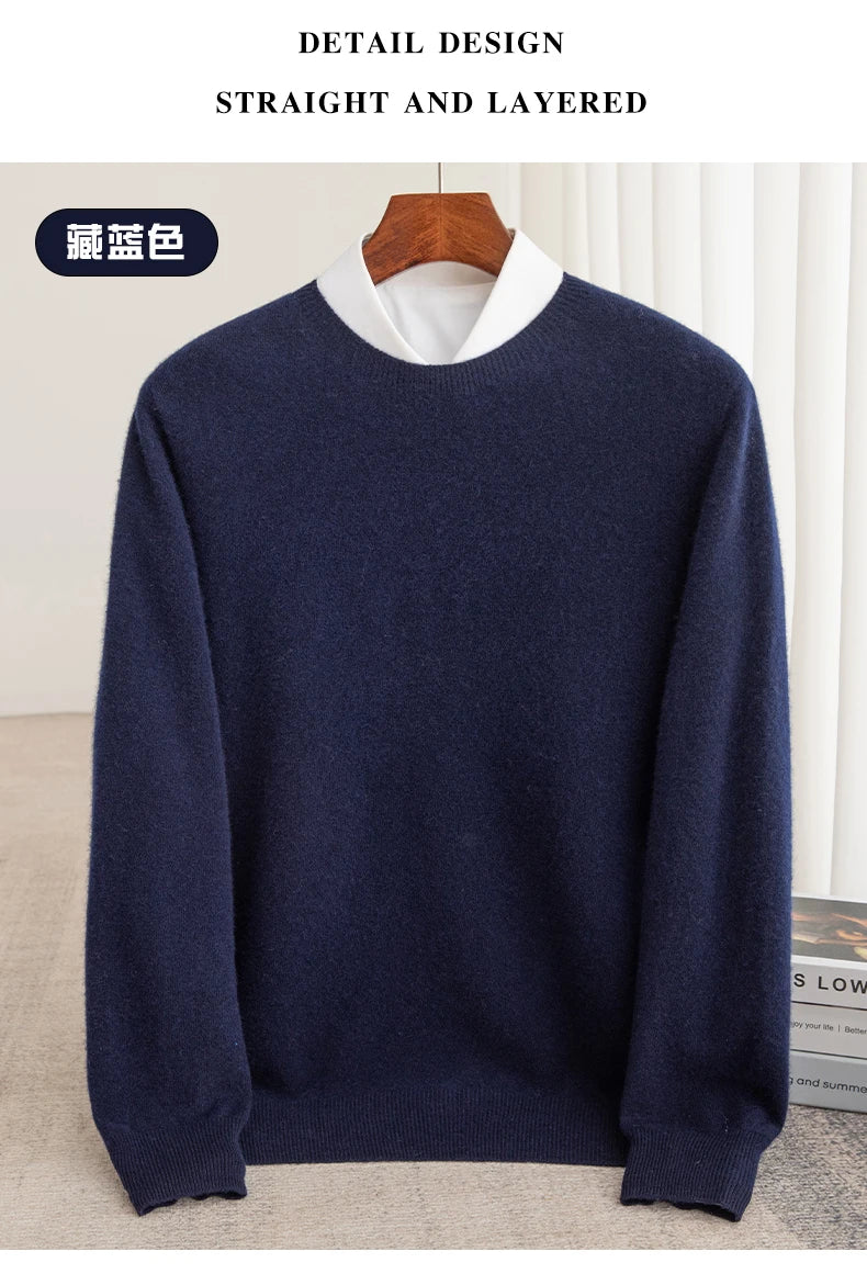 Autumn And Winter 100% Pure Wool Men's Thick Round Neck Slim-Fit  O-neck Pullover Long-Sleeved Knitted Cashmere Sweater