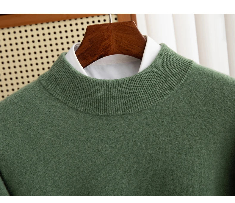 New Fashion Men's 100% Wool Pullover Half-high Collar Sweater Autumn Winter Warm Solid Color Knit Sweater Business Casual Top