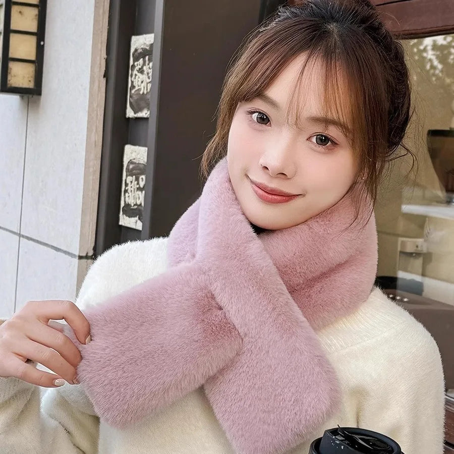 Women Winter Warm Thicken Cross Collar Scarf Solid Color Faux Rabbit Fur Cold Proof Scarves Fashion Soft Furry Neck Warmer