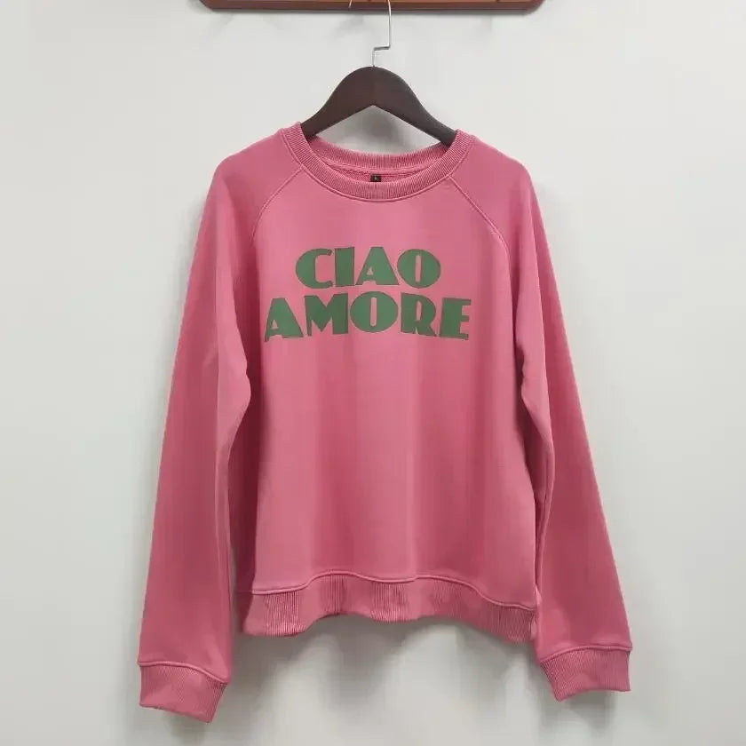 Women Early Spring New Retro Letter Love Print Loose Pullover Sweatshirt Long-sleeved Terry Sweatshirt