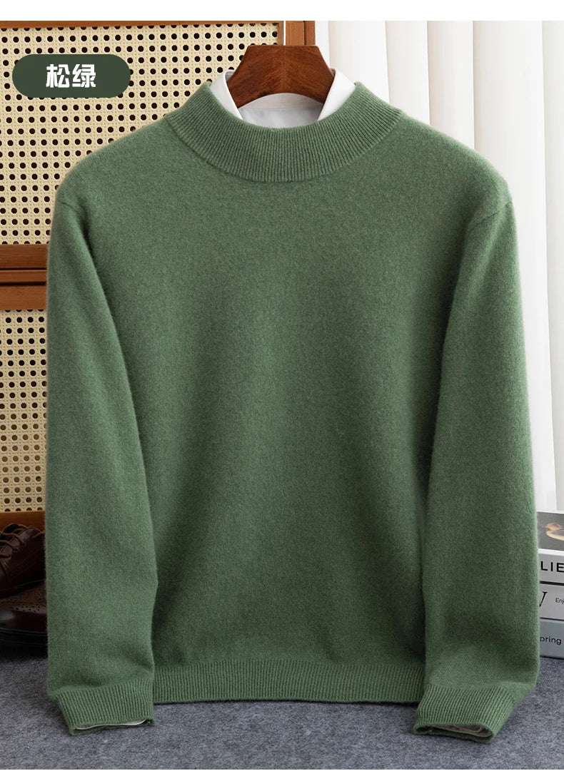 New Fashion Men's 100% Wool Pullover Half-high Collar Sweater Autumn Winter Warm Solid Color Knit Sweater Business Casual Top