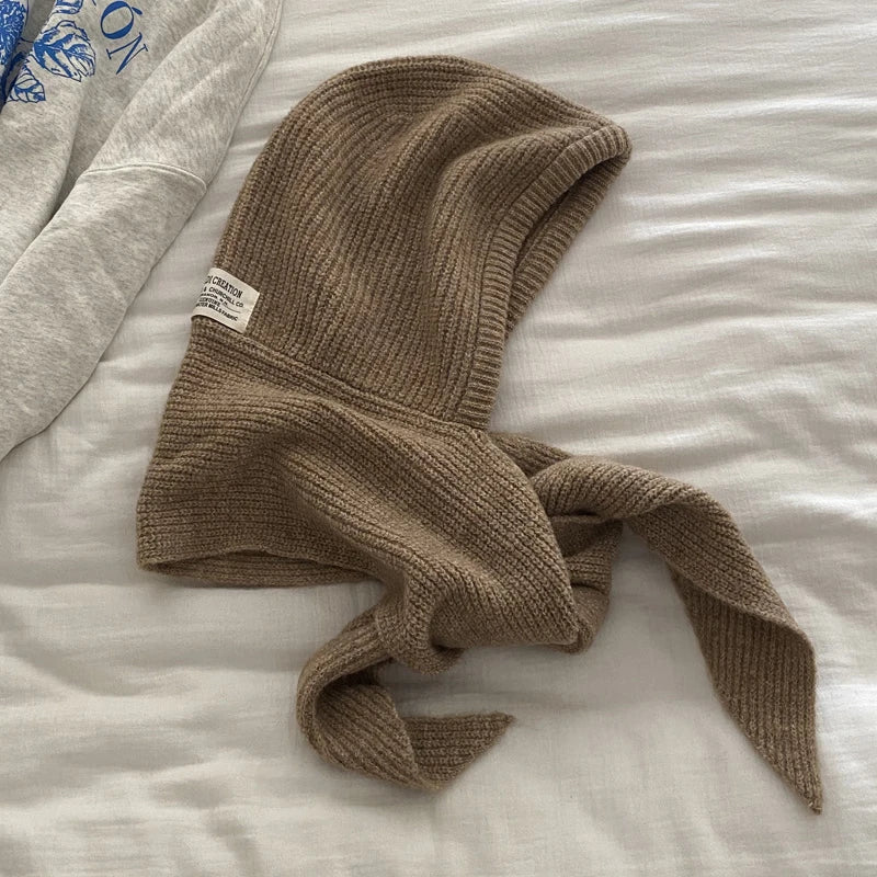 Winter Y2K Wool Knitted Balaclava Hat Fashion Fake Collar Shawl Hooded Hat Outdoor Pullover One-piece Neck Collar Warm Beanies