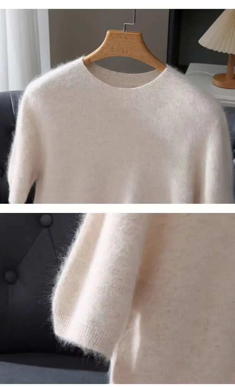 100% Mink Cashmere Knit Sweater Men's T-Shirt Spring Summer Loose O-Neck Solid Color Casual Business Base Pullover Short Sleeve