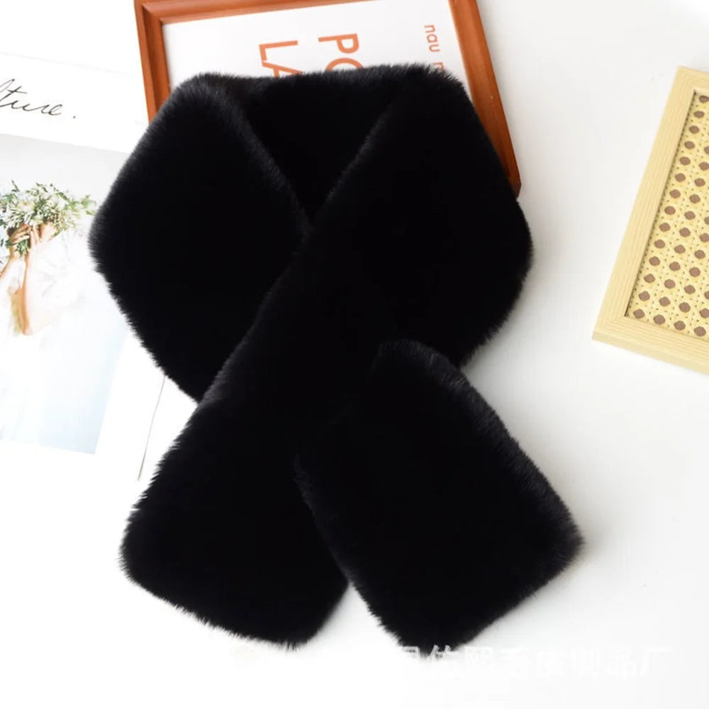 Women Winter Warm Thicken Cross Collar Scarf Solid Color Faux Rabbit Fur Cold Proof Scarves Fashion Soft Furry Neck Warmer