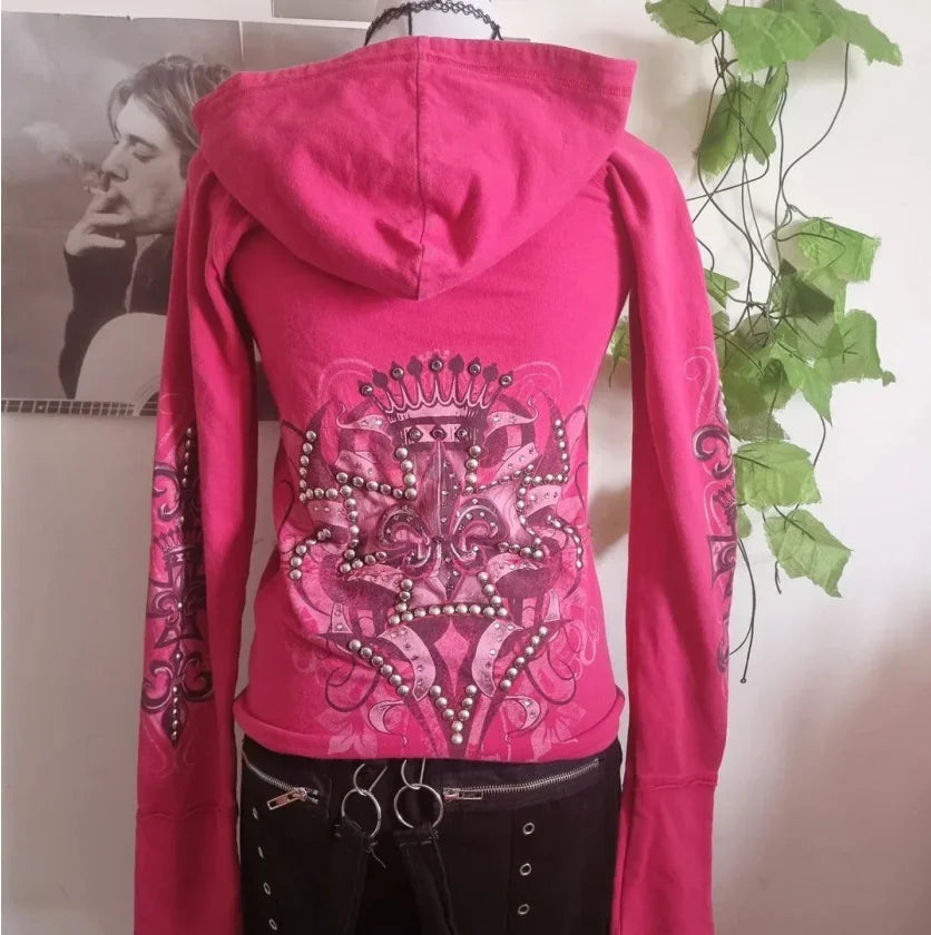 Gothic street Harajuku exquisite diamond print zipper hooded jacket for women retro casual design y2k style slim cardigan jacket