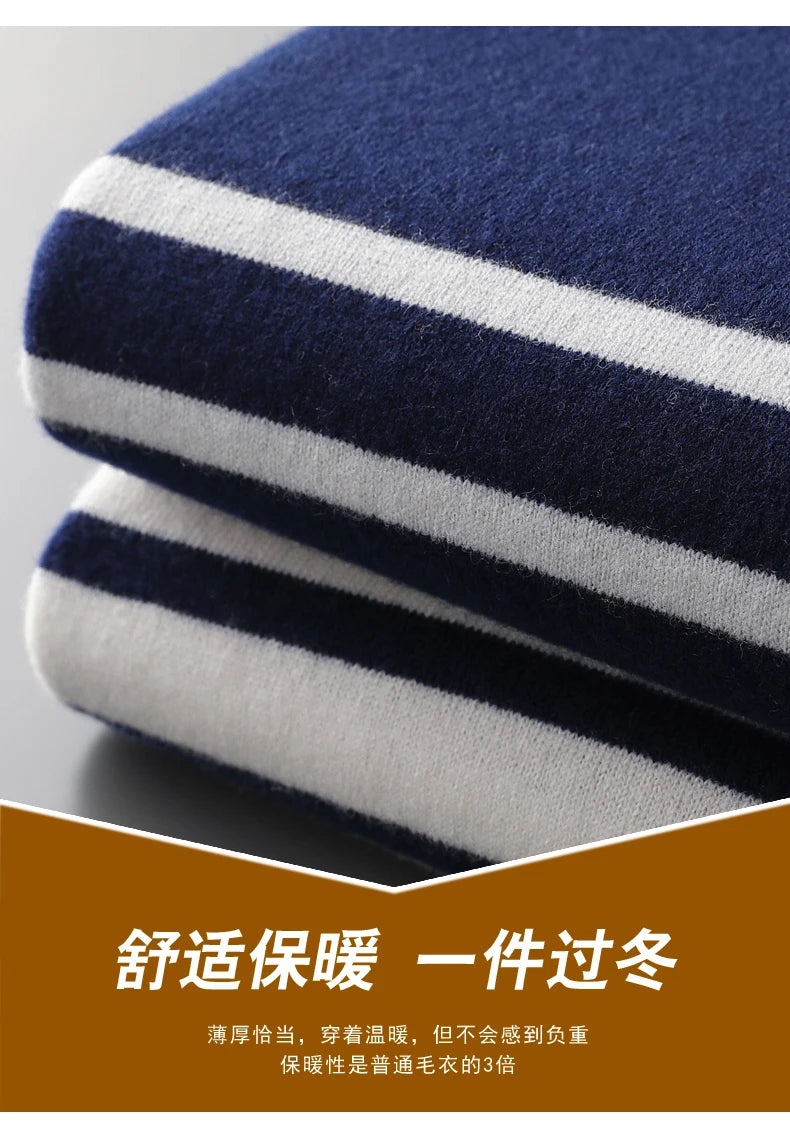 Men's New 100% Pure Wool Sweater O-neck Navy Style Striped Top Spring and Autumn Loose Youth Business Casual Cashmere Sweater