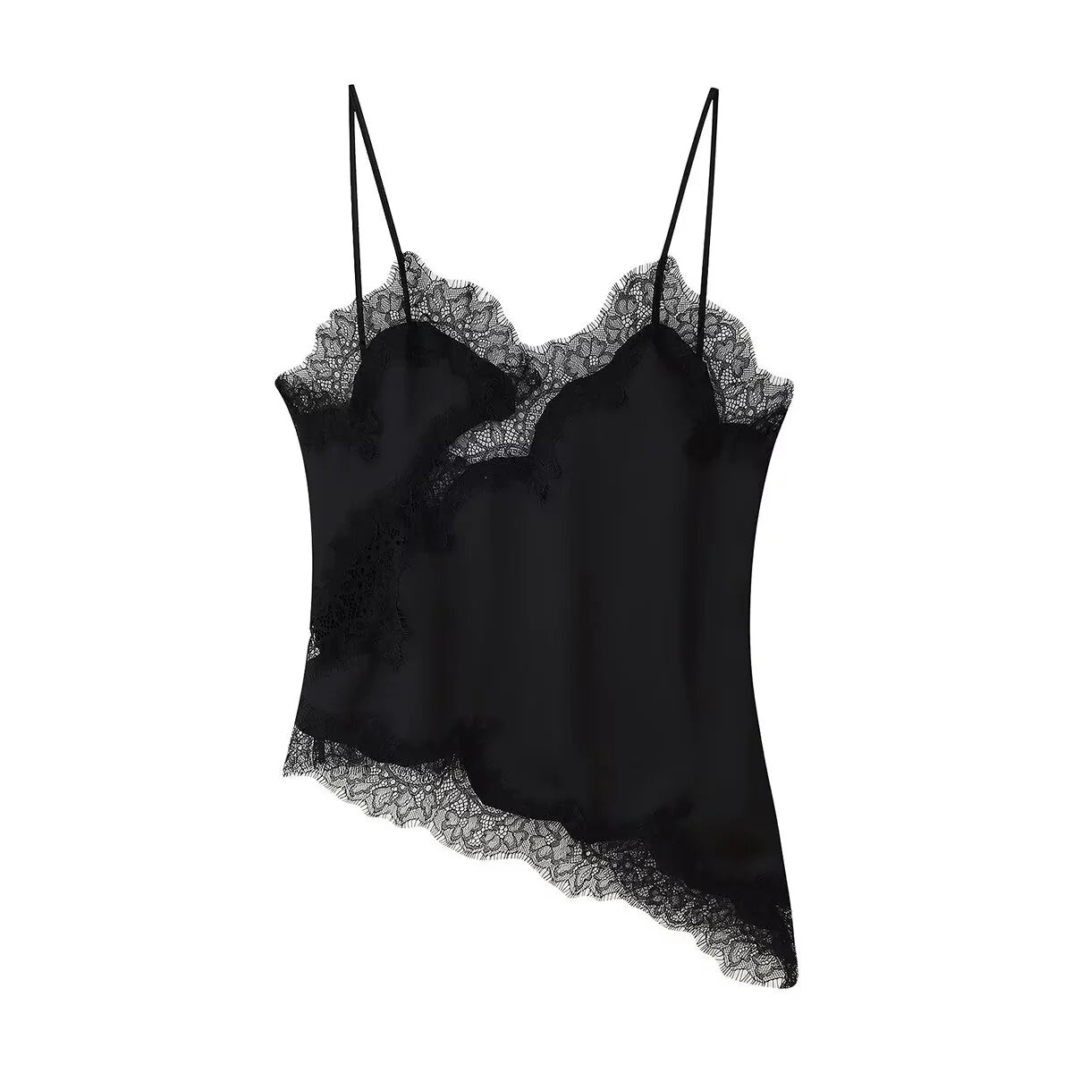 Combhasaki Women Floral Lace Trim Satin High Low Vest Silk Spaghetti Strap Side Split Asymmetrical Cami Flowy Silky Layering Top