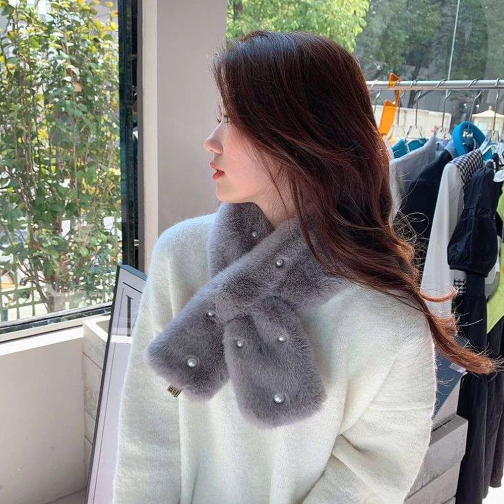 Women Winter Warm Thicken Cross Collar Scarf Solid Color Faux Rabbit Fur Cold Proof Scarves Fashion Soft Furry Neck Warmer