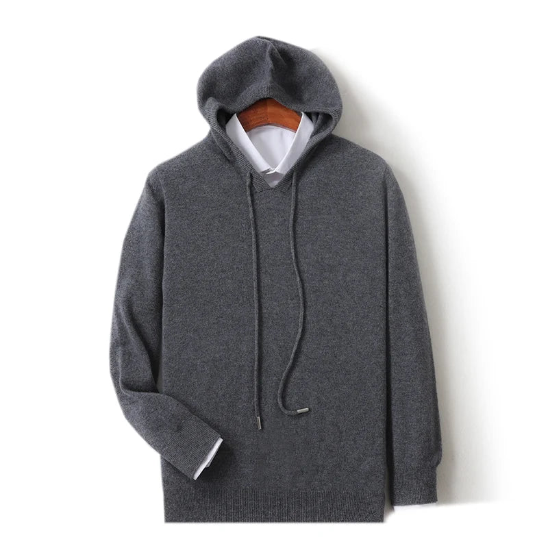 Fall/Winter 100% Pure Wool Men's Hooded Loose Thick Sweater Fashion Long Sleeve Casual Knit Top