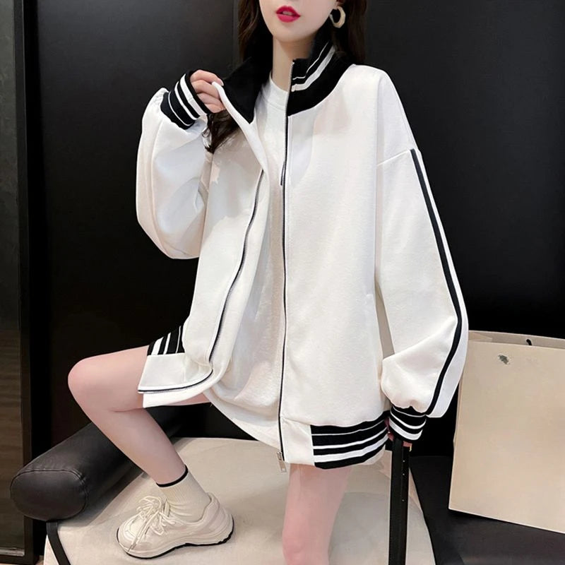 Female Clothes Black Sweatshirts for Women Full Zip Up Tops with Zipper Coat Striped Y2k Hoodie 2000s Long Sleeve Style Matching