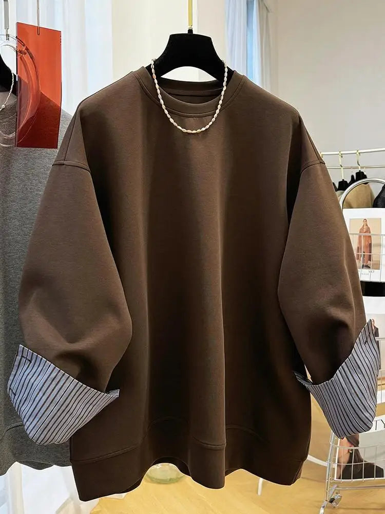 Autumn and Winter Women's Pullover Round Neck Hoodie Lazy Style Splicing Design Fake Two Piece Loose Long Sleeve Tops