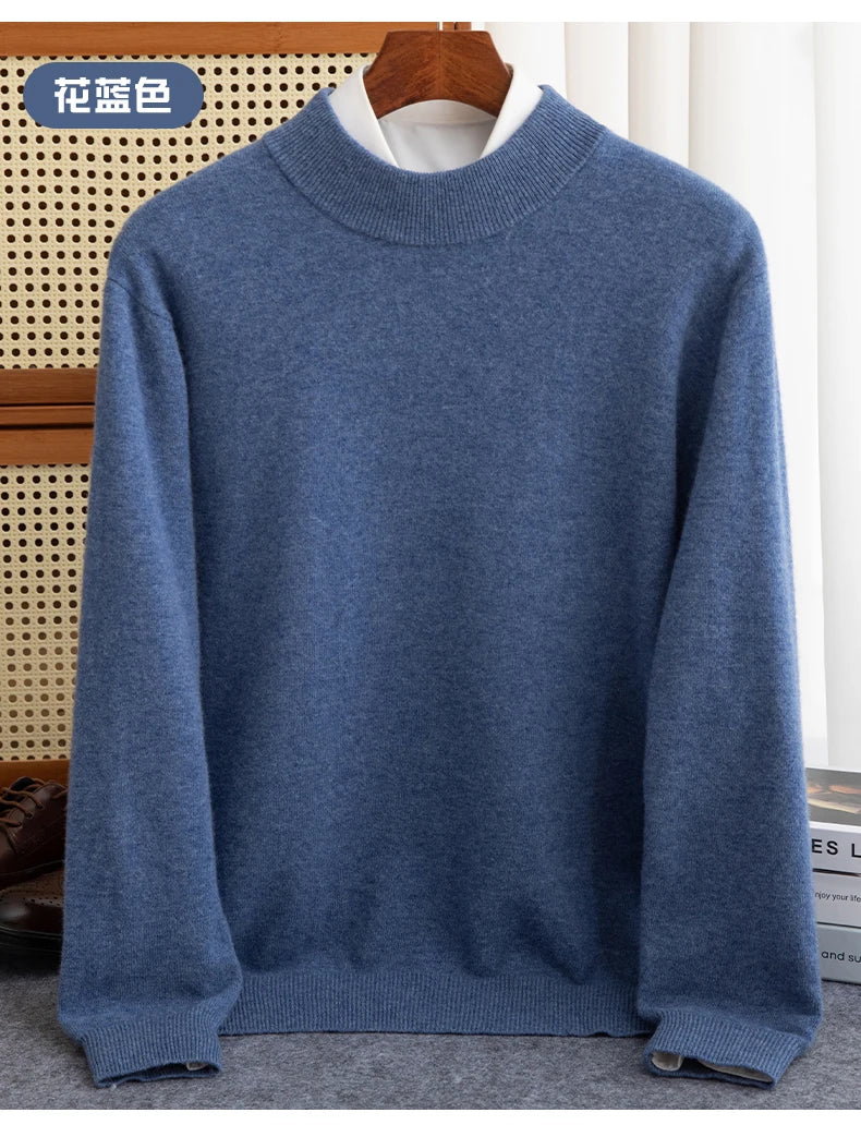 New Fashion Men's 100% Wool Pullover Half-high Collar Sweater Autumn Winter Warm Solid Color Knit Sweater Business Casual Top