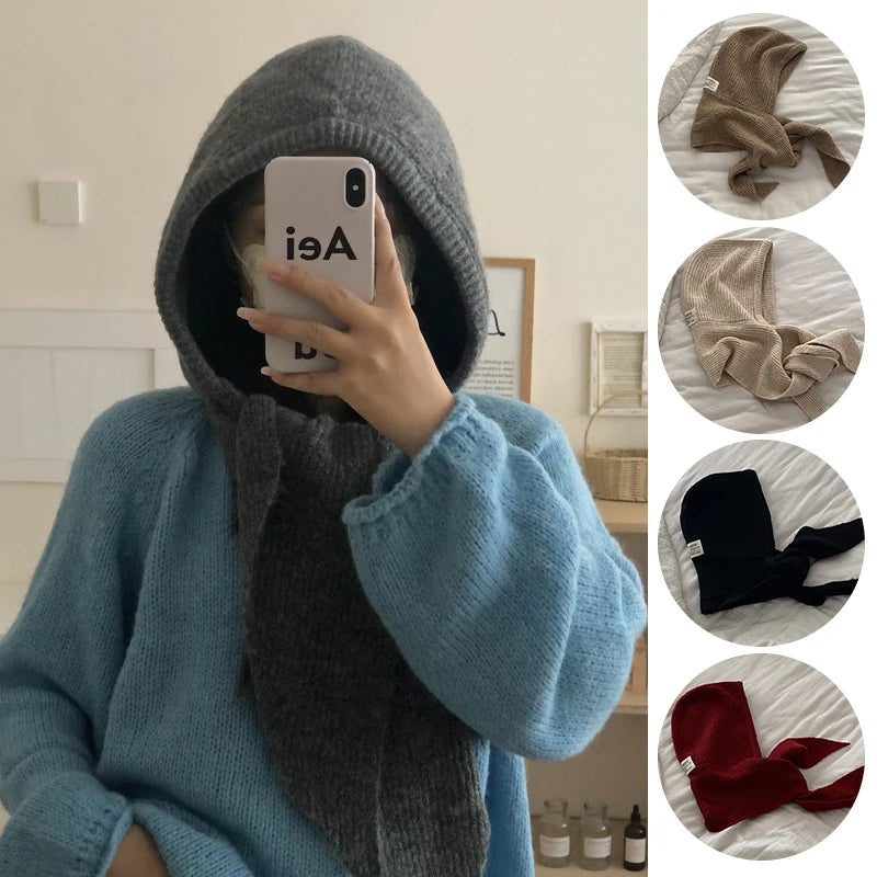 Winter Y2K Wool Knitted Balaclava Hat Fashion Fake Collar Shawl Hooded Hat Outdoor Pullover One-piece Neck Collar Warm Beanies