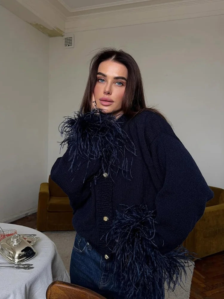 Feather Patchwork Knitted Cardigan Women Chic O-neck Long Sleeve Single-breasted Short Sweater 2025 Lady High Street Knitwear 