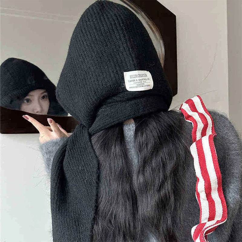 Winter Y2K Wool Knitted Balaclava Hat Fashion Fake Collar Shawl Hooded Hat Outdoor Pullover One-piece Neck Collar Warm Beanies