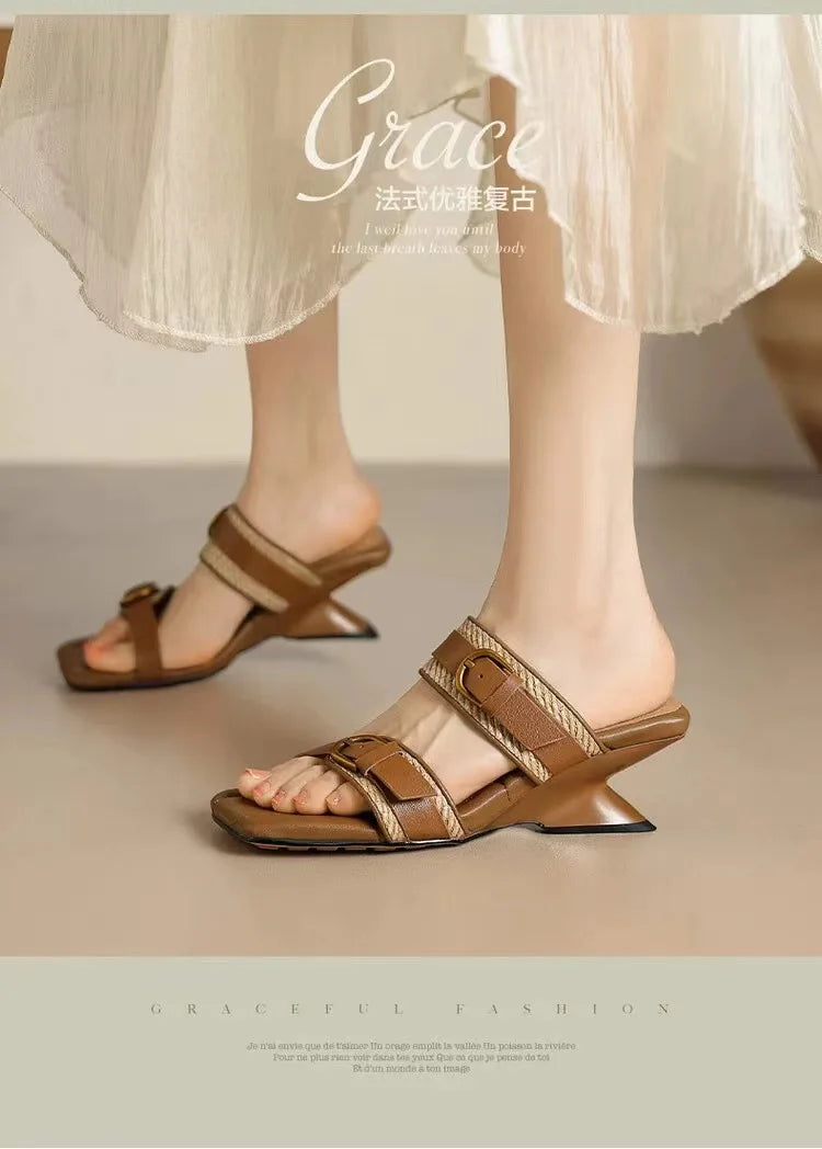 Vintage Braided Belt Buckle Open Toe Wedges Women's Summer New Square-toed High-heeled Slippers