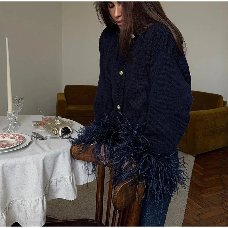 Feather Patchwork Knitted Cardigan Women Chic O-neck Long Sleeve Single-breasted Short Sweater 2025 Lady High Street Knitwear 