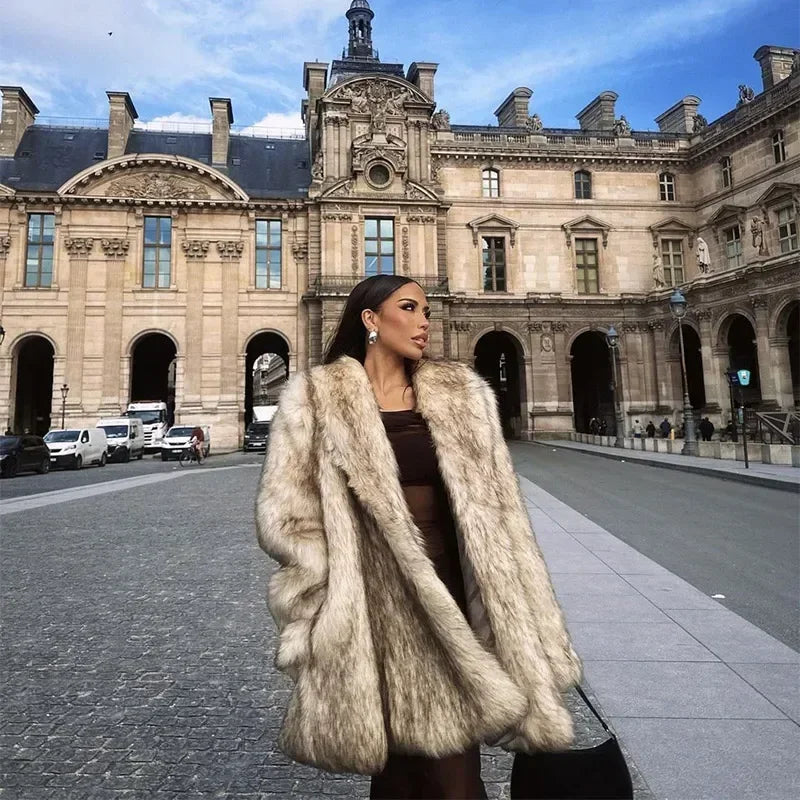 Winter Lady Luxurious Lapel Faux Fur Coats Fashion High Street Long Sleeve Oversize Cardigan Jacket Thick Warm Female Outerwear