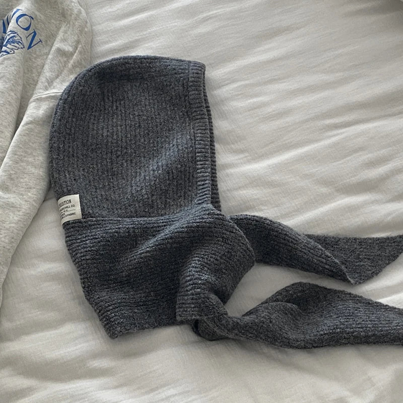 Winter Y2K Wool Knitted Balaclava Hat Fashion Fake Collar Shawl Hooded Hat Outdoor Pullover One-piece Neck Collar Warm Beanies