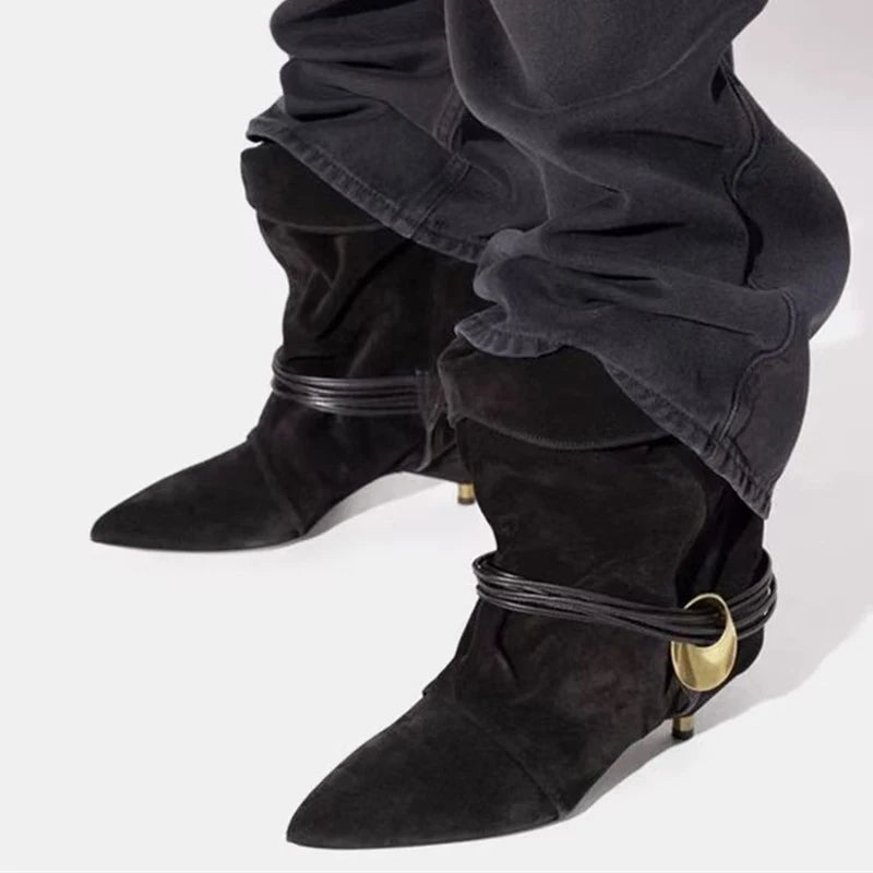 Liyke Fashion Design Fold Pleated Ankle Boots For Women Winter Street Vintage Pointed Toe Strange Low Heels Runway Shoes Brown