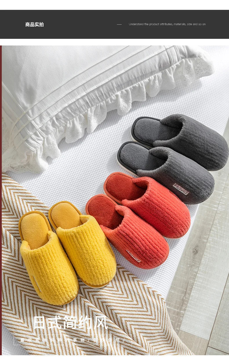 Indoor Slippers Women Men Autumn Winter Thick Sole House Warm Fur Shoes Couples Home Non-Slip Large Size Men'S Cotton Slippers