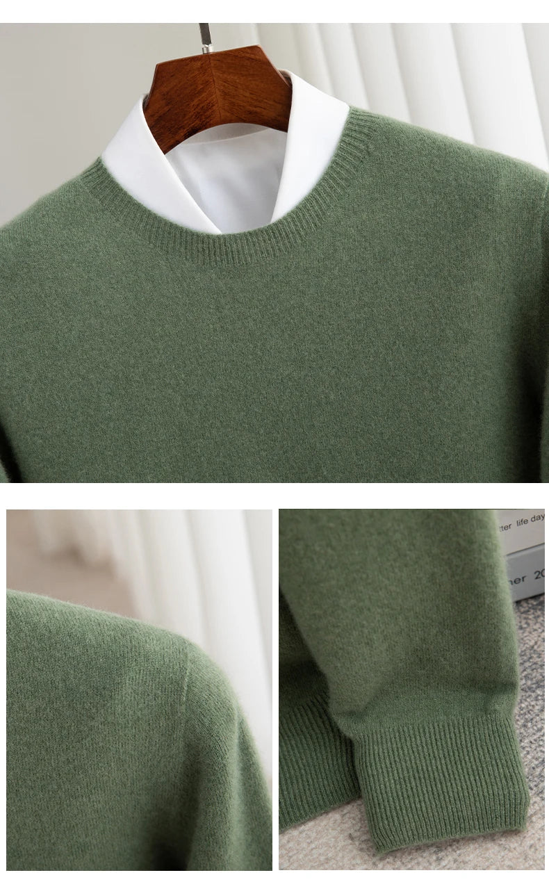 Autumn And Winter 100% Pure Wool Men's Thick Round Neck Slim-Fit  O-neck Pullover Long-Sleeved Knitted Cashmere Sweater