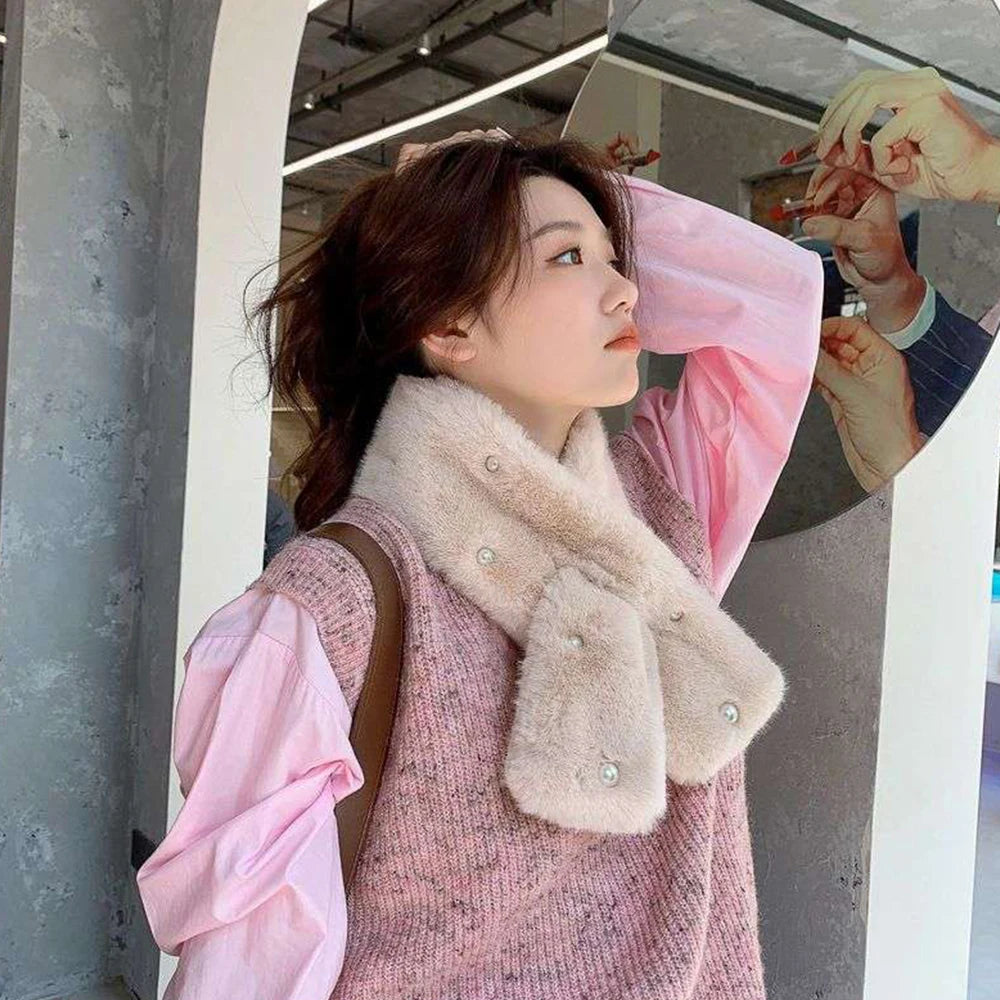 Women Winter Warm Thicken Cross Collar Scarf Solid Color Faux Rabbit Fur Cold Proof Scarves Fashion Soft Furry Neck Warmer