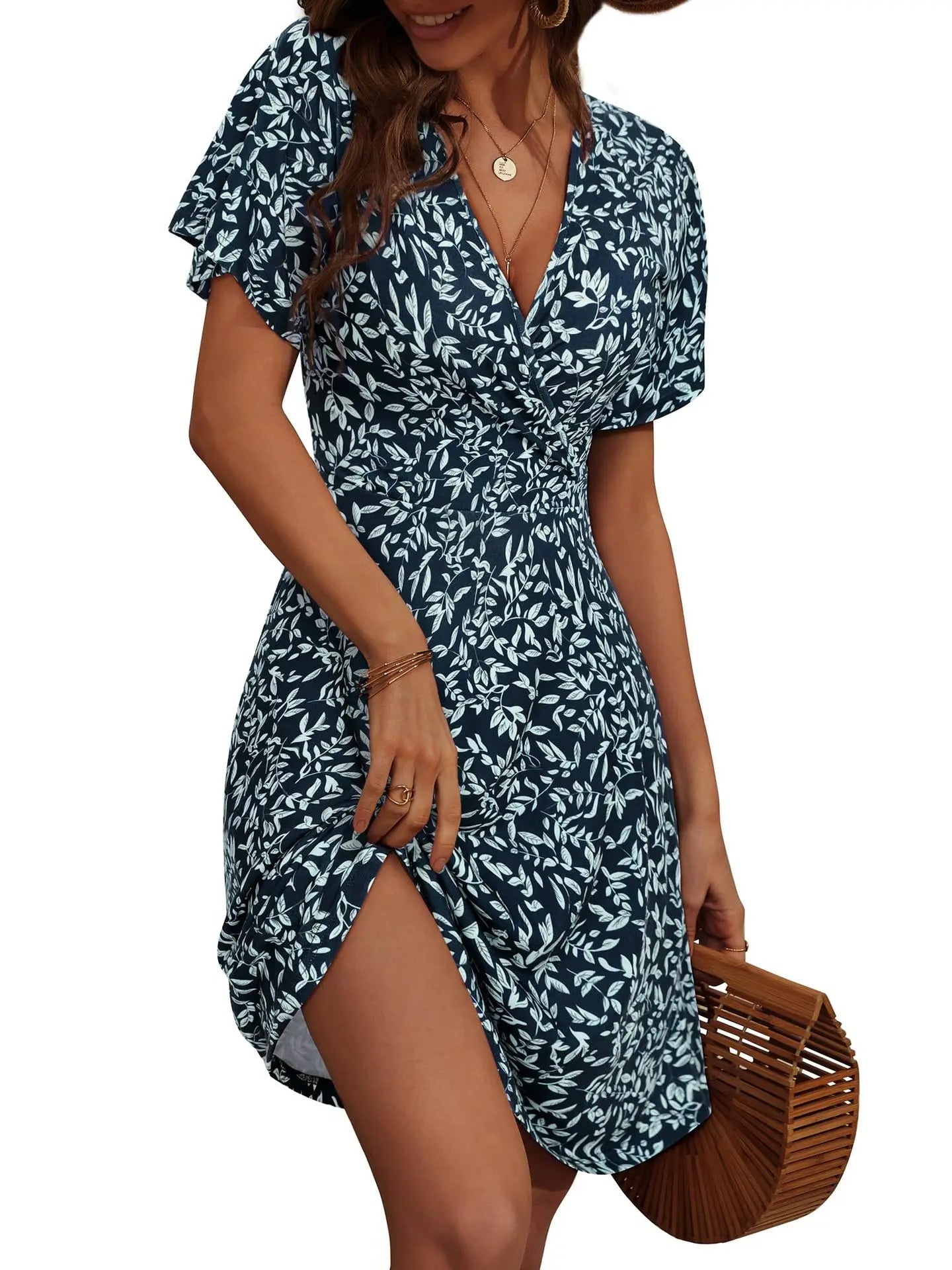 2025 Cross-border Amazon independent station explosion, summer flower short-sleeved package V-neck A line Midi dress