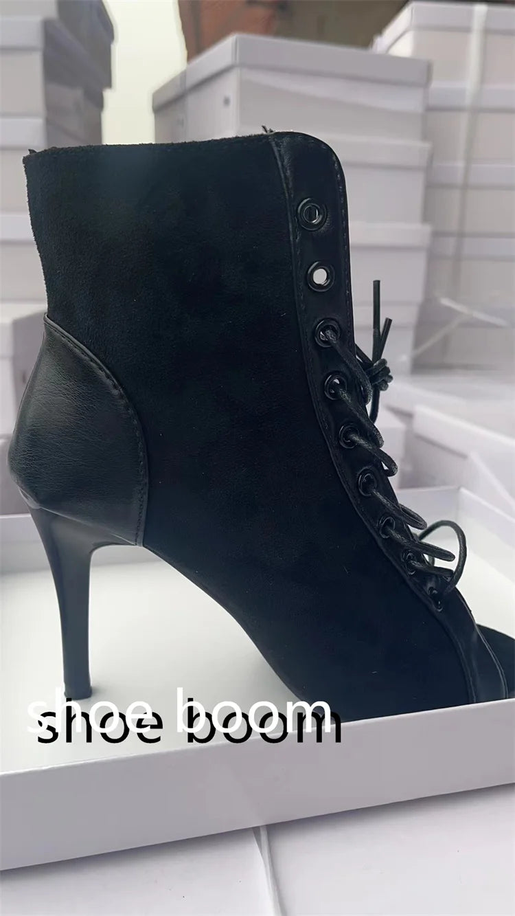 Lace-Up Sandals Heels 9CM Women's Shoes Summer 2024 Trend Black Sexy Peep Toe Boots Fashion Cloth Stilettos Jazz Dance Female