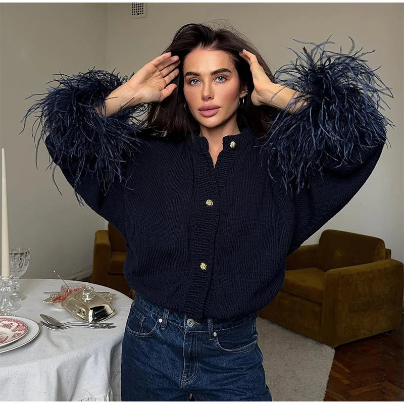 Feather Patchwork Knitted Cardigan Women Chic O-neck Long Sleeve Single-breasted Short Sweater 2025 Lady High Street Knitwear 