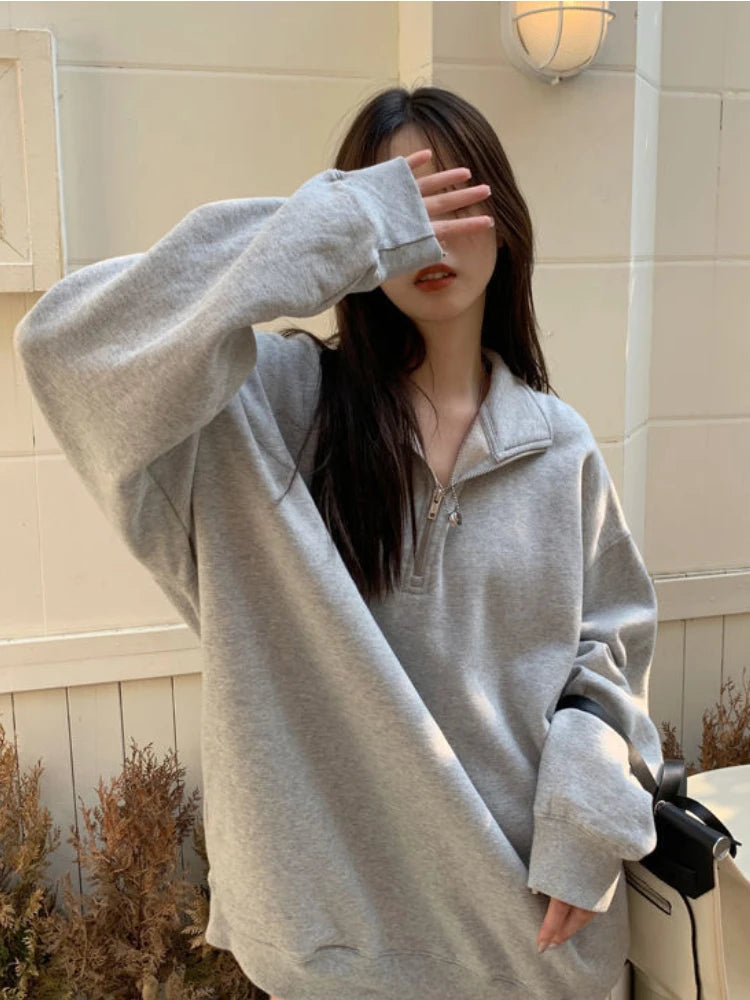Deeptown Korean Fashion Gray Oversized Sweatshirts Women Harajuku Zip Up Hoodie Vintage Loose Casual Polo Collar Pullover Tops