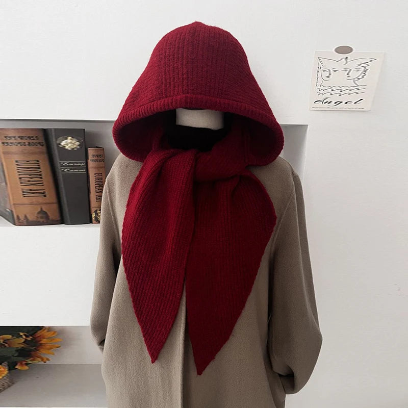 Winter Y2K Wool Knitted Balaclava Hat Fashion Fake Collar Shawl Hooded Hat Outdoor Pullover One-piece Neck Collar Warm Beanies