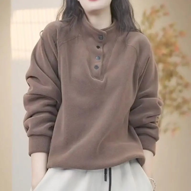 No Hat Hoodies Women Autumn College Basic Solid Casual All-match Stand Collar Button Trendy High Street Korean Style Mujer Cozy
