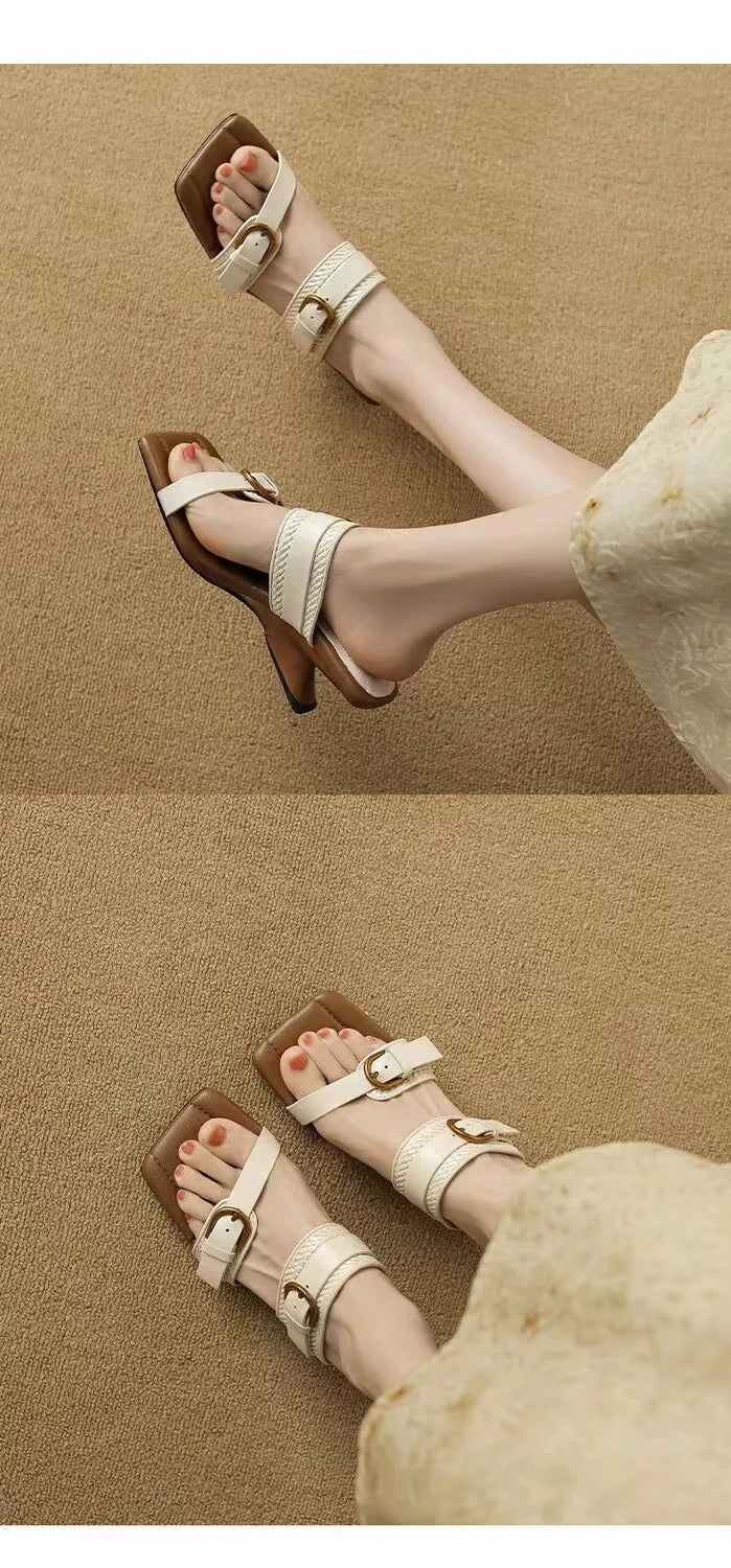 Vintage Braided Belt Buckle Open Toe Wedges Women's Summer New Square-toed High-heeled Slippers