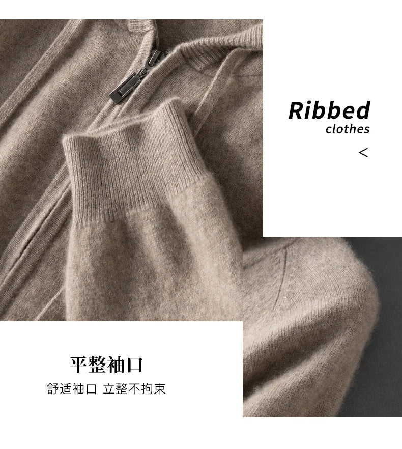 DjzDsm Autumn and Winter100% Merino Wool Men's Knitted Top Zipper Hoodie Zipper Cardigan Knitted Coat Sweater Hoodie